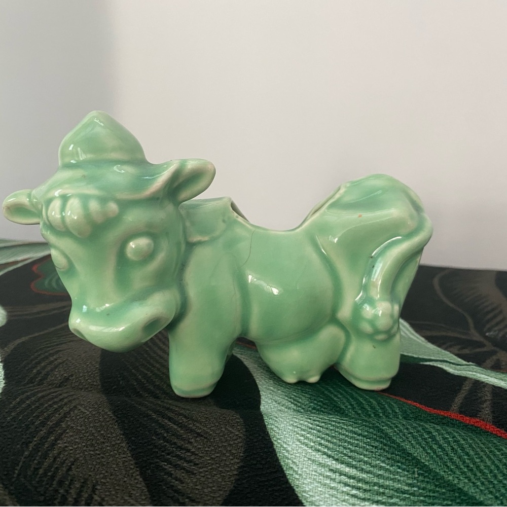 Ceramic Cow Figurine in Glossy Green